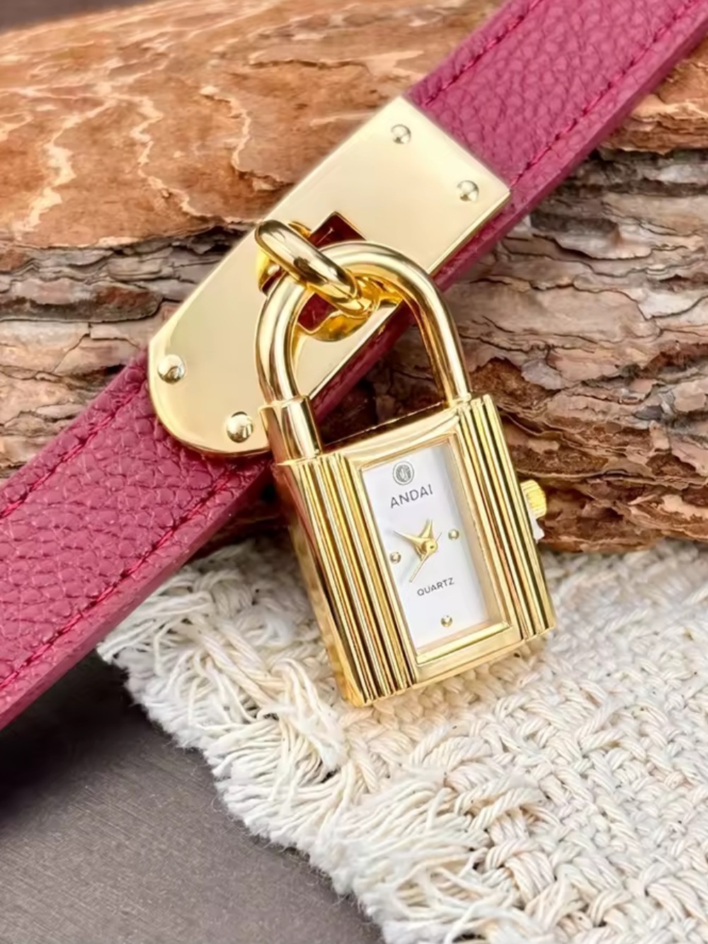 ANDAI Pink Leather Padlock Charm Watch with Gold Hardware